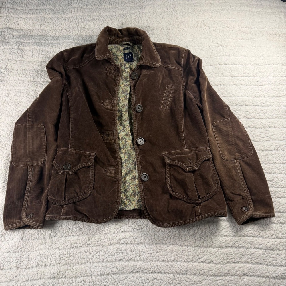 Vintage Y2K Gap Brown Corduroy Blazer Jacket Floral Lining Elbow Patch Womans 10